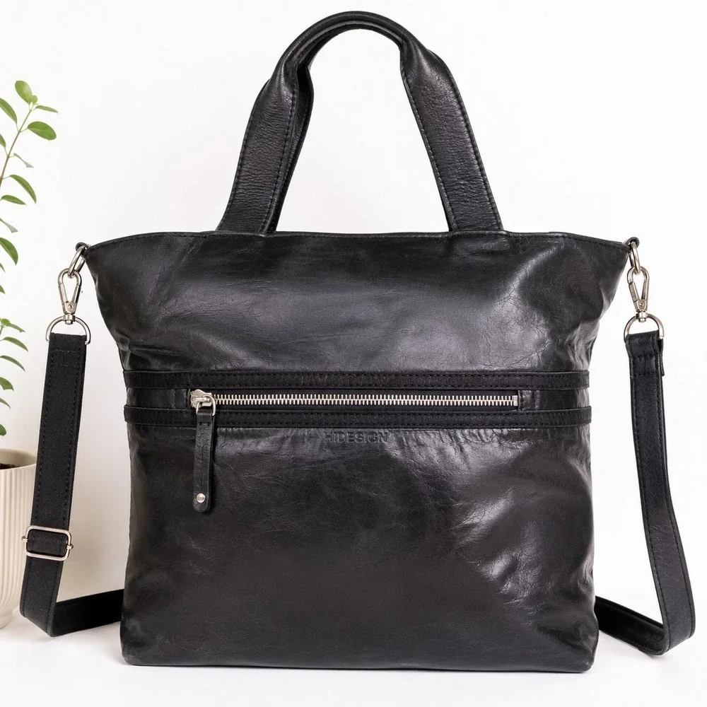 Hidesign Black Leather Tote Bag Shoulder Purse Large Satchel Convertible...
